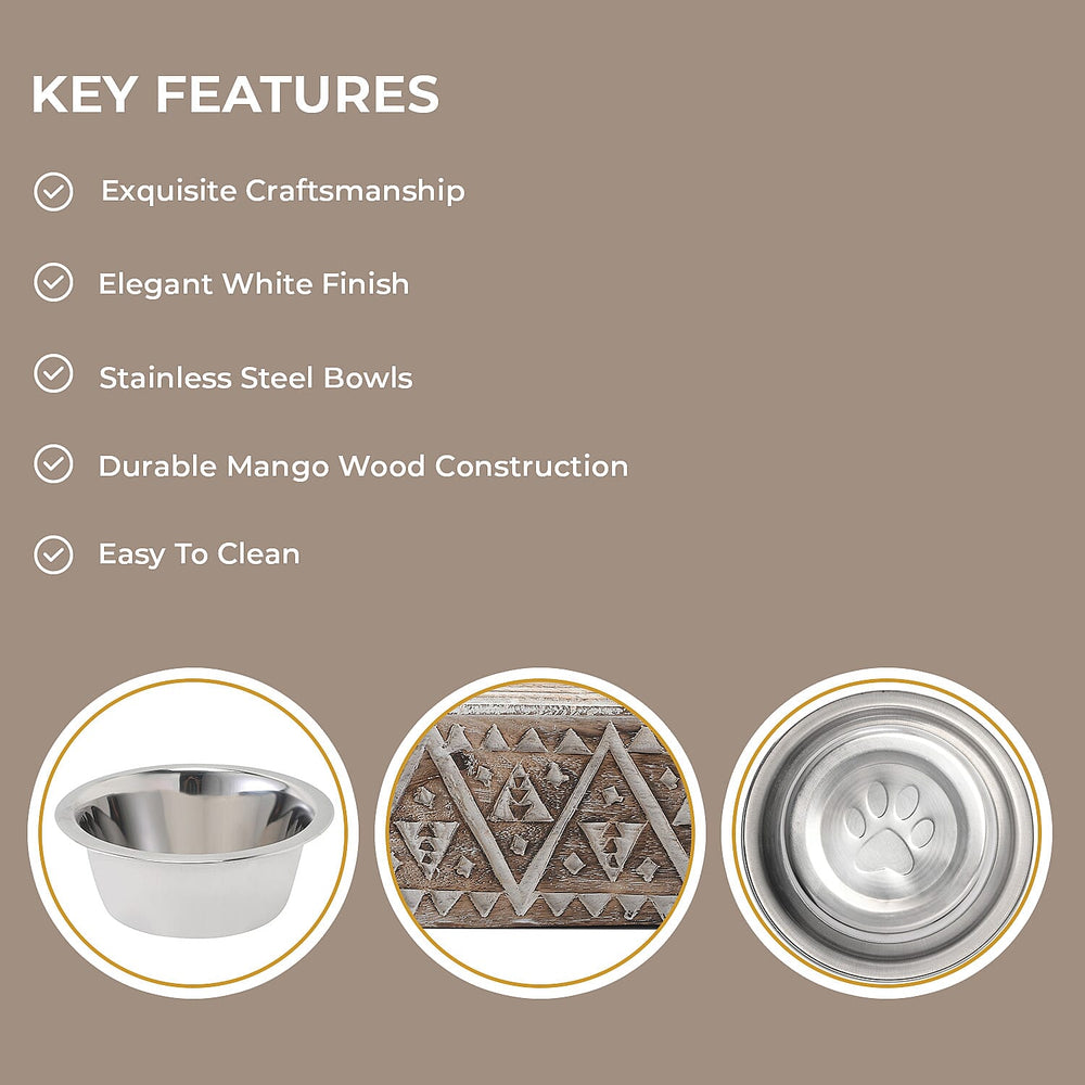 NAKKASHI Geometric Pattern Engraved Hand Carved Mango Wood Pet Feeder with Beautiful Carvings & Stainless Steel Bowls (Size 47x20x12cm) - Brown & White