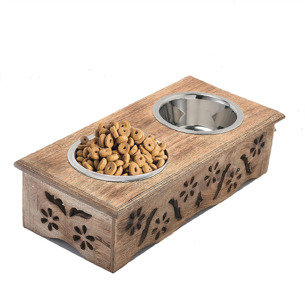 NAKKASHI Flower Engraved Hand Carved Mango Wood Pet Feeder with Beautiful Carvings & Stainless Steel Bowls (Size 47x20x12cm) - Brown