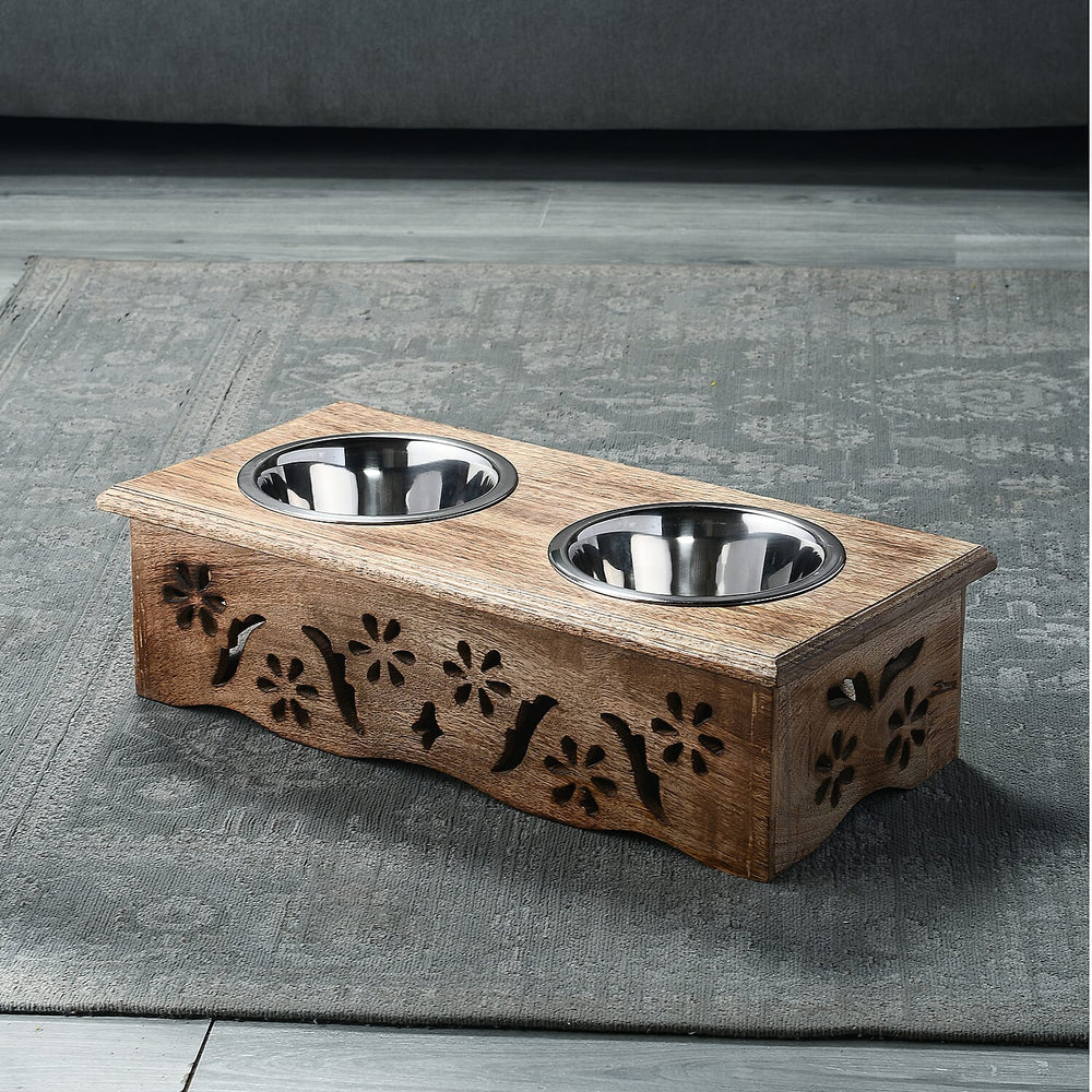NAKKASHI Flower Engraved Hand Carved Mango Wood Pet Feeder with Beautiful Carvings & Stainless Steel Bowls (Size 47x20x12cm) - Brown