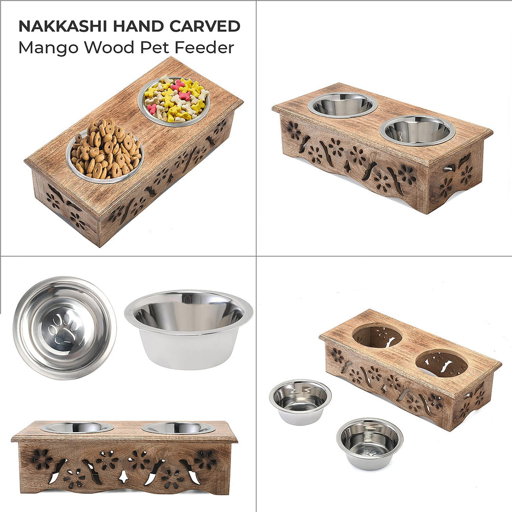 NAKKASHI Flower Engraved Hand Carved Mango Wood Pet Feeder with Beautiful Carvings & Stainless Steel Bowls (Size 47x20x12cm) - Brown
