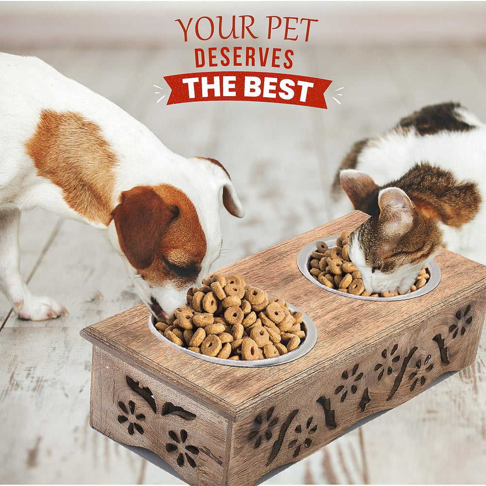 NAKKASHI Flower Engraved Hand Carved Mango Wood Pet Feeder with Beautiful Carvings & Stainless Steel Bowls (Size 47x20x12cm) - Brown