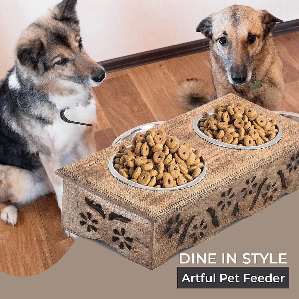 NAKKASHI Flower Engraved Hand Carved Mango Wood Pet Feeder with Beautiful Carvings & Stainless Steel Bowls (Size 47x20x12cm) - Brown