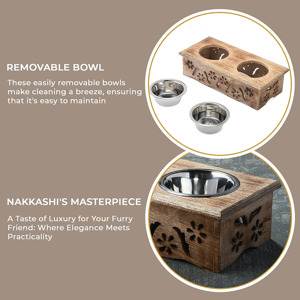 NAKKASHI Flower Engraved Hand Carved Mango Wood Pet Feeder with Beautiful Carvings & Stainless Steel Bowls (Size 47x20x12cm) - Brown