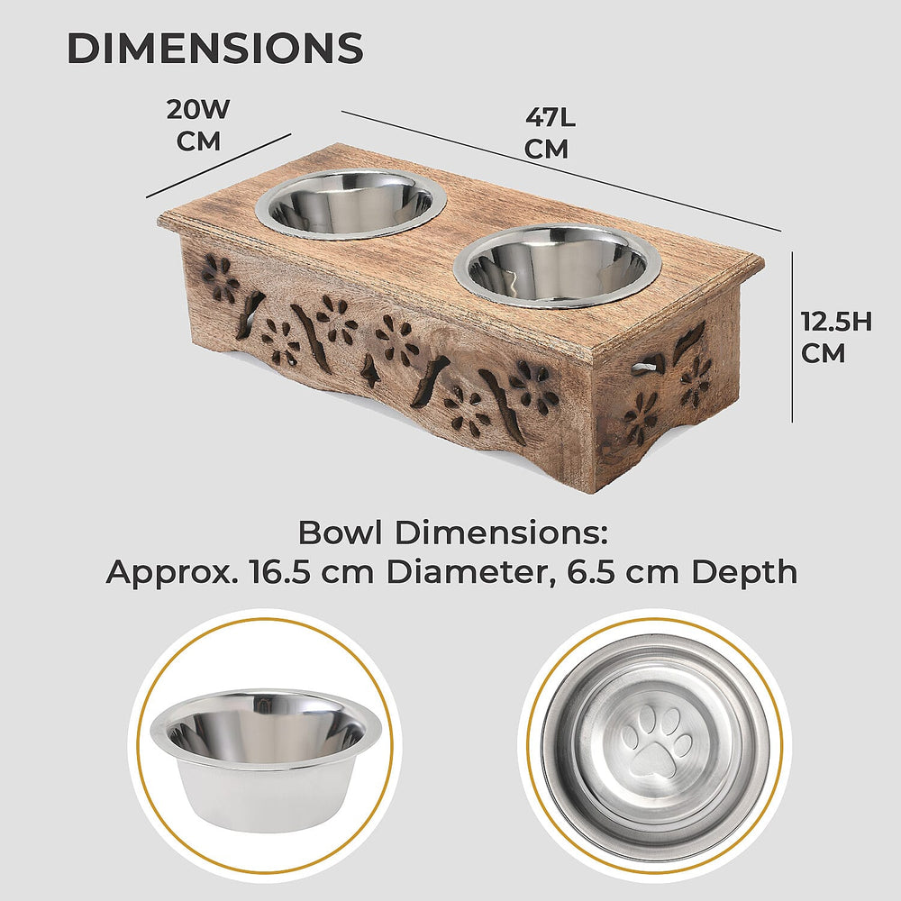 NAKKASHI Flower Engraved Hand Carved Mango Wood Pet Feeder with Beautiful Carvings & Stainless Steel Bowls (Size 47x20x12cm) - Brown