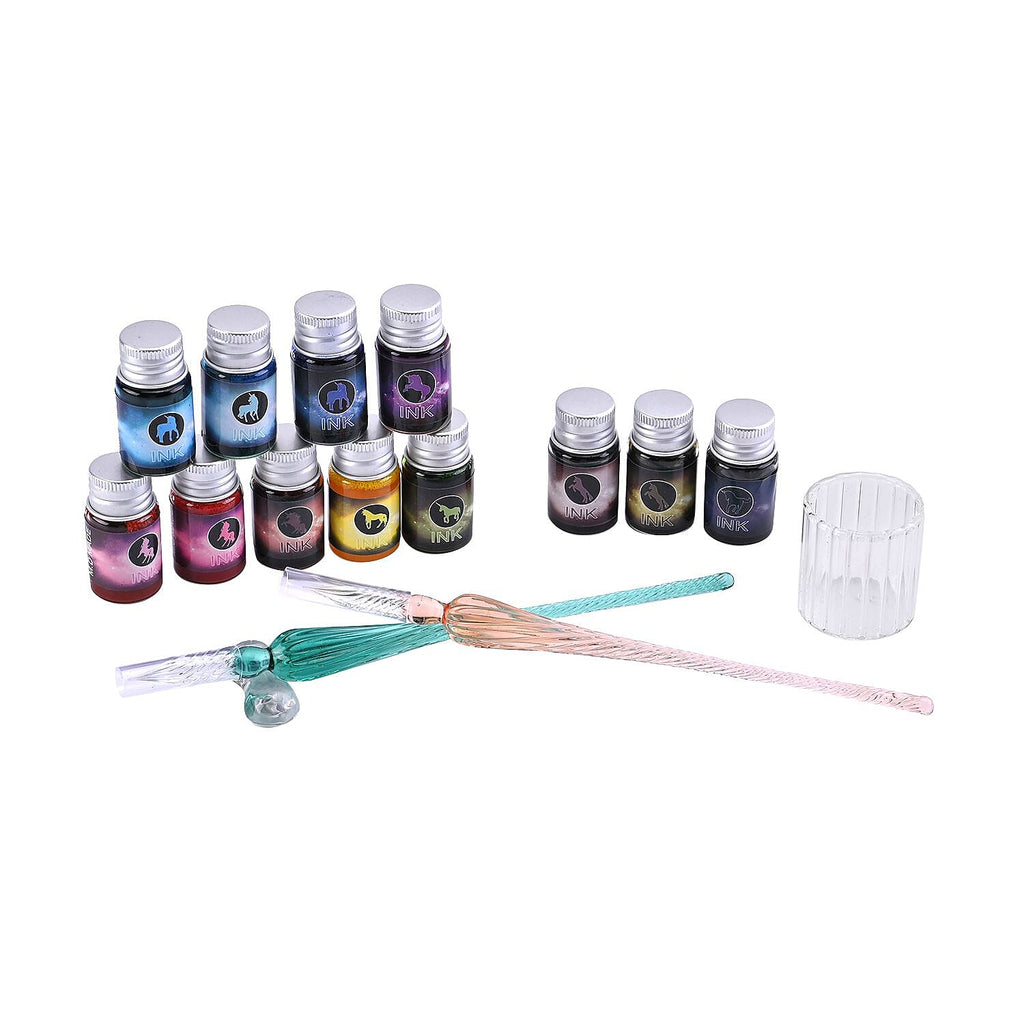 Exquisite Glass calligraphy Pen Set (Incl. 2 Crystal Glass Pens, 12 Bottles of Vibrant Colour Inks, Pen Holder and a Cleaning Cup)