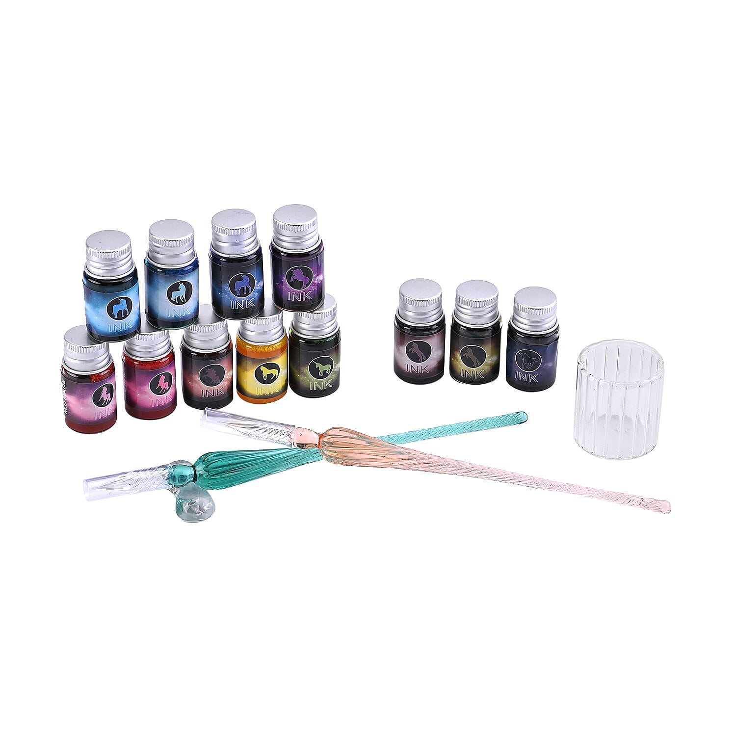 Exquisite Glass calligraphy Pen Set (Incl. 2 Crystal Glass Pens, 12 Bottles of Vibrant Colour Inks, Pen Holder and a Cleaning Cup)