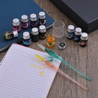 Exquisite Glass calligraphy Pen Set (Incl. 2 Crystal Glass Pens, 12 Bottles of Vibrant Colour Inks, Pen Holder and a Cleaning Cup)