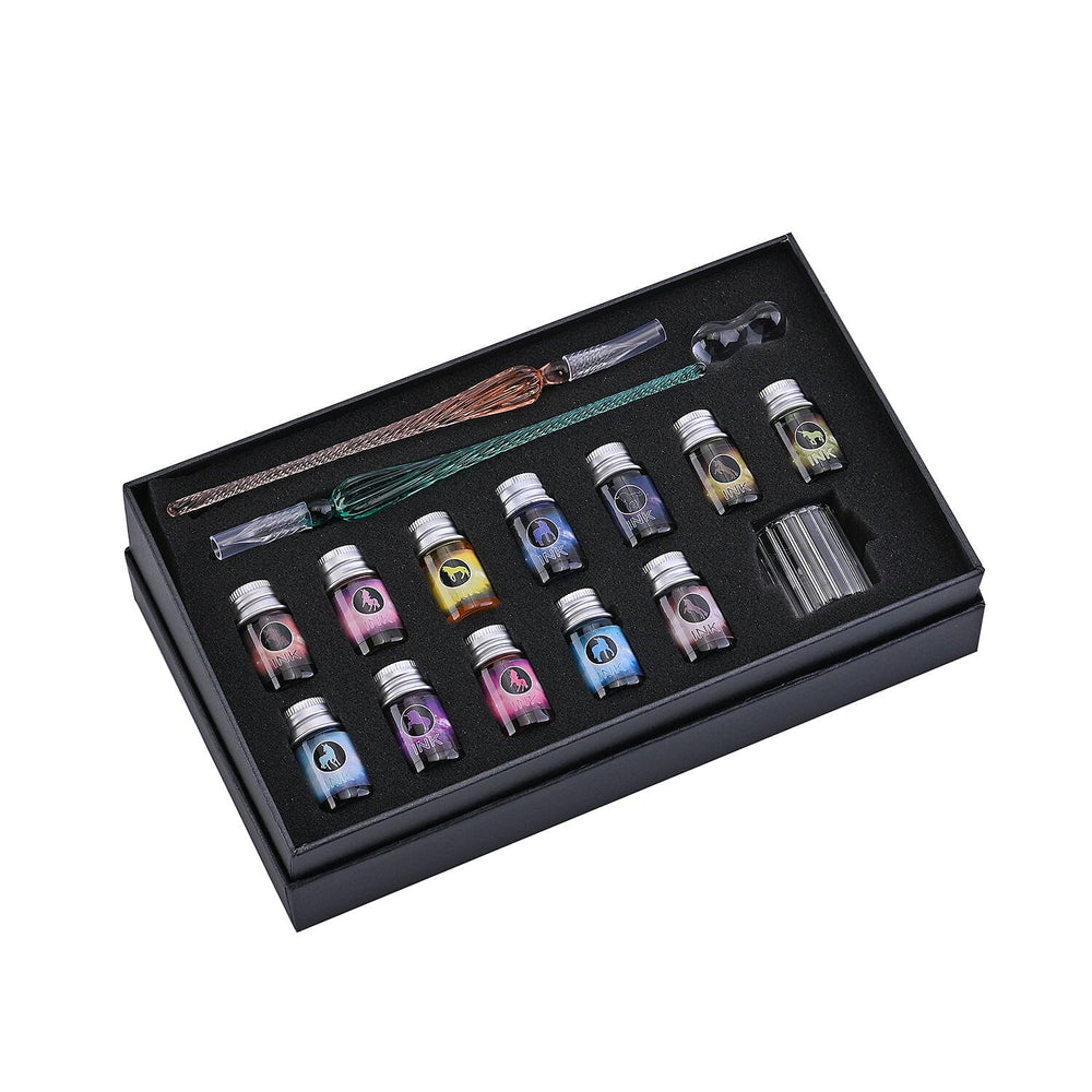 Exquisite Glass calligraphy Pen Set (Incl. 2 Crystal Glass Pens, 12 Bottles of Vibrant Colour Inks, Pen Holder and a Cleaning Cup)