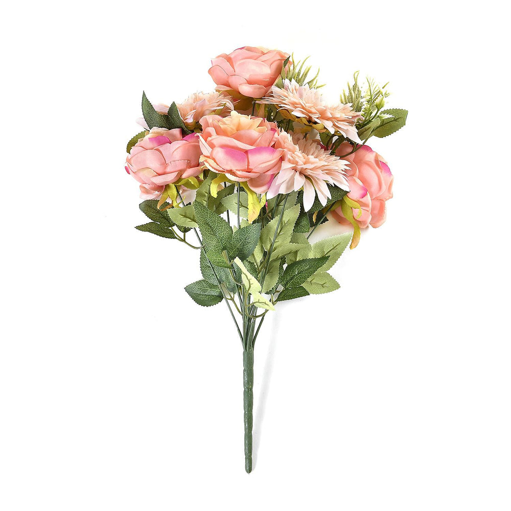 Set of 2 Artifical Rose and Sunflower with 20 Heads, Green Stem, Grass - Leaves - Pink - White