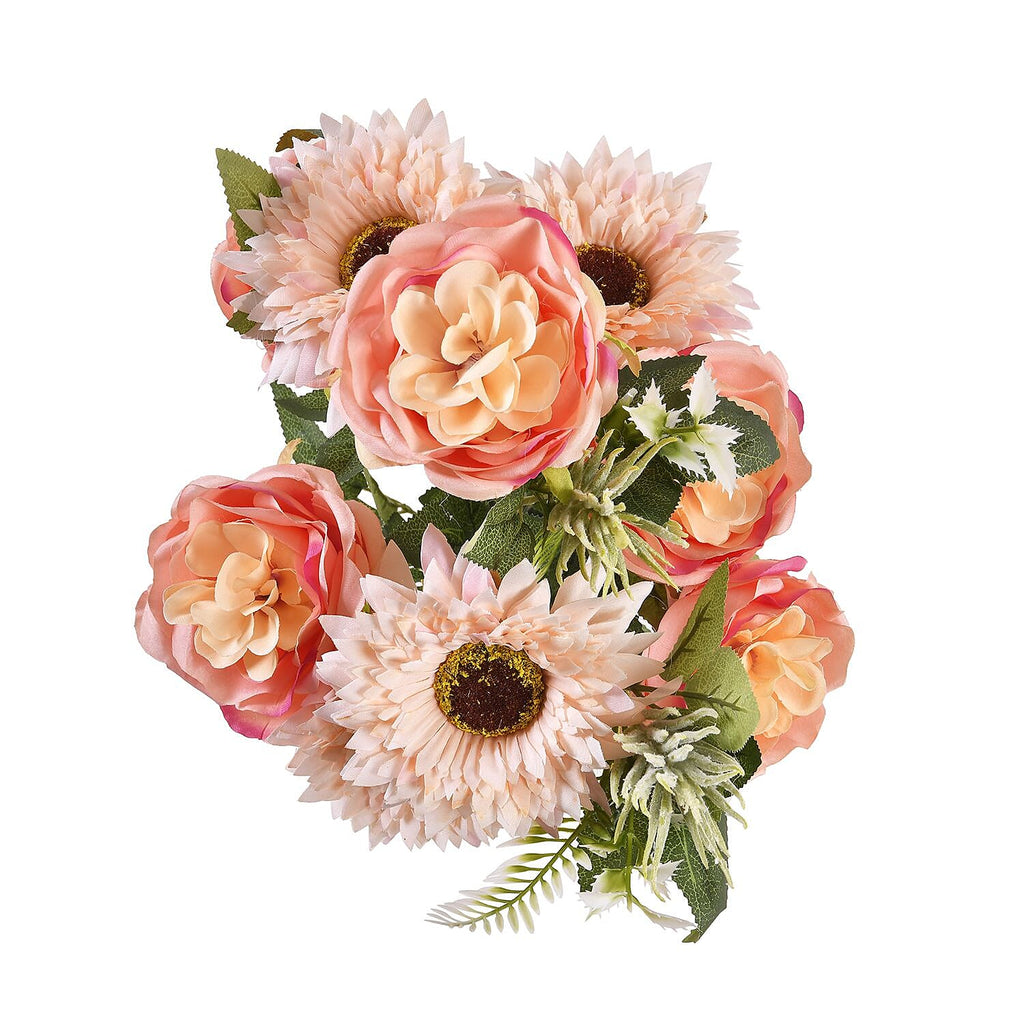 Set of 2 Artifical Rose and Sunflower with 20 Heads, Green Stem, Grass - Leaves - Pink - White