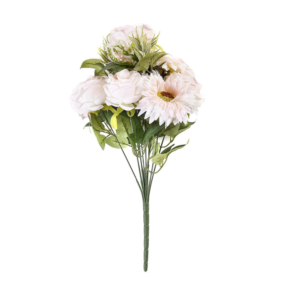 Set of 2 Artifical Rose and Sunflower with 20 Heads, Green Stem, Grass - Leaves - Pink - White