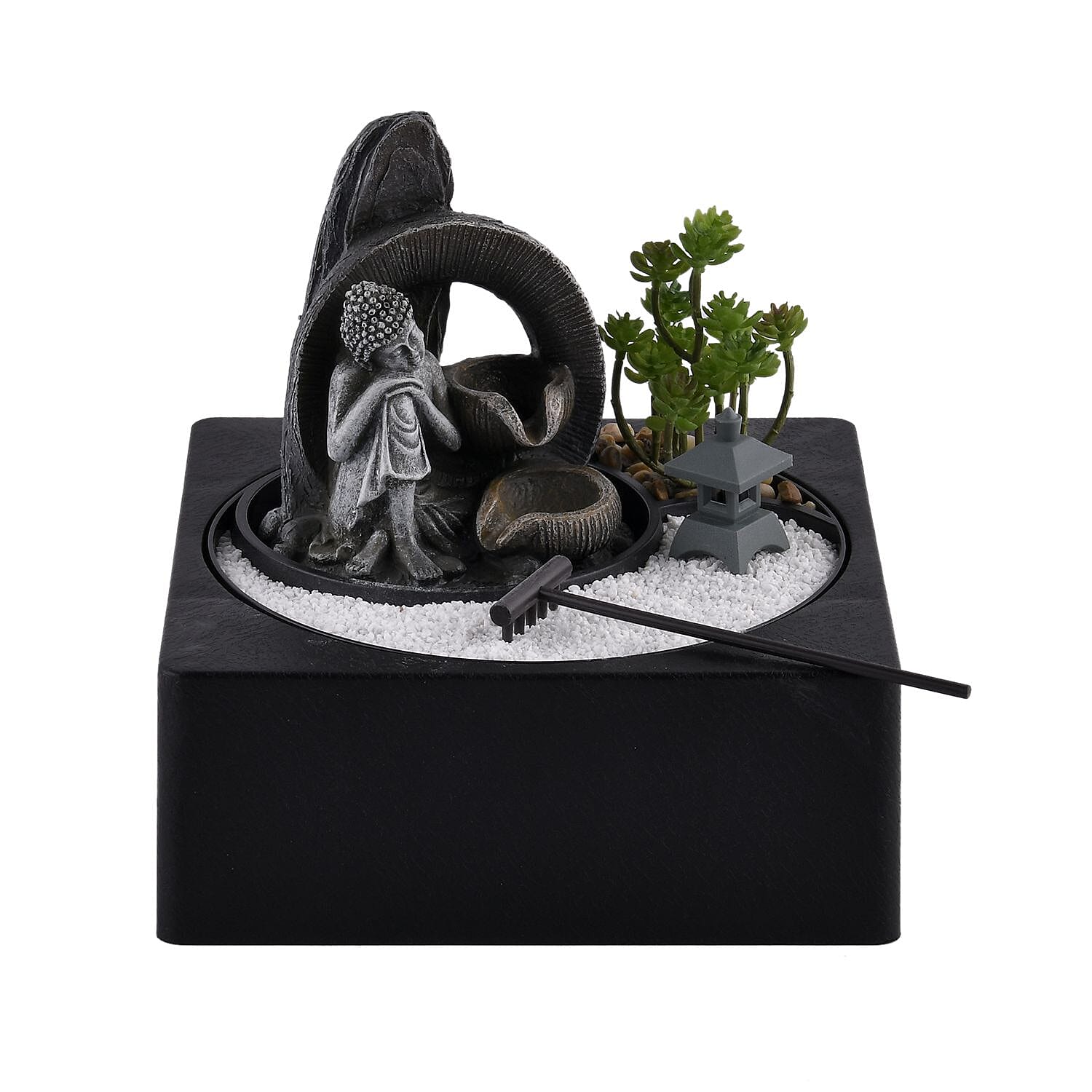 DIY - Cascading Buddha Fountain with LED Lights and USB Plug (Size 23x23x22 cm) - Grey