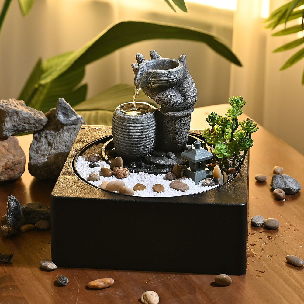 Buddha Water Fountain with LED Lights - Grey