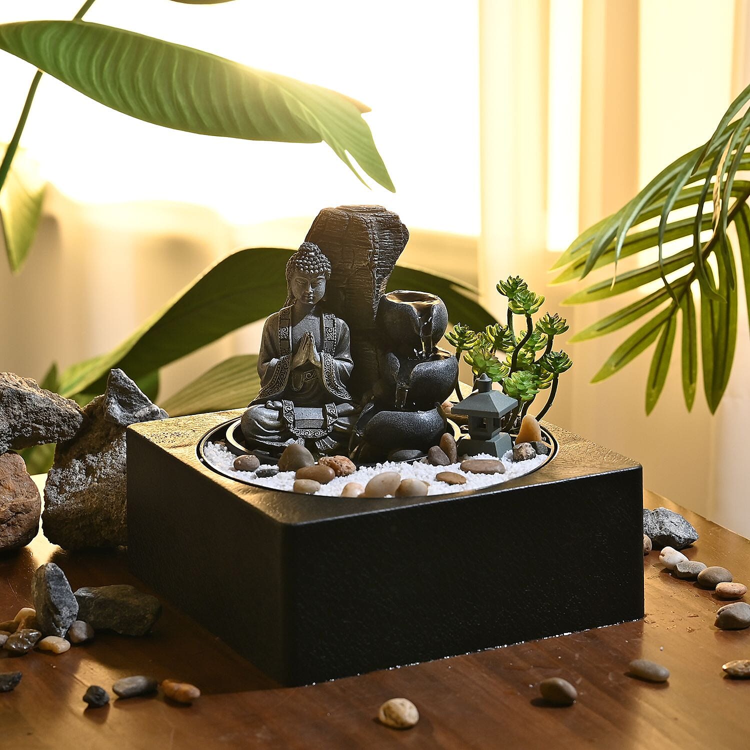 Praying Buddha Rock Garden Fountain with LED Lights - Praying