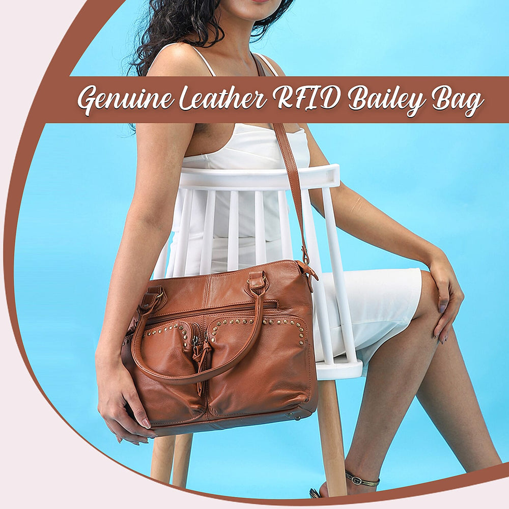 RFID Protected 100% Genuine Leather Shoulder Bag With Handle Drop - Tan