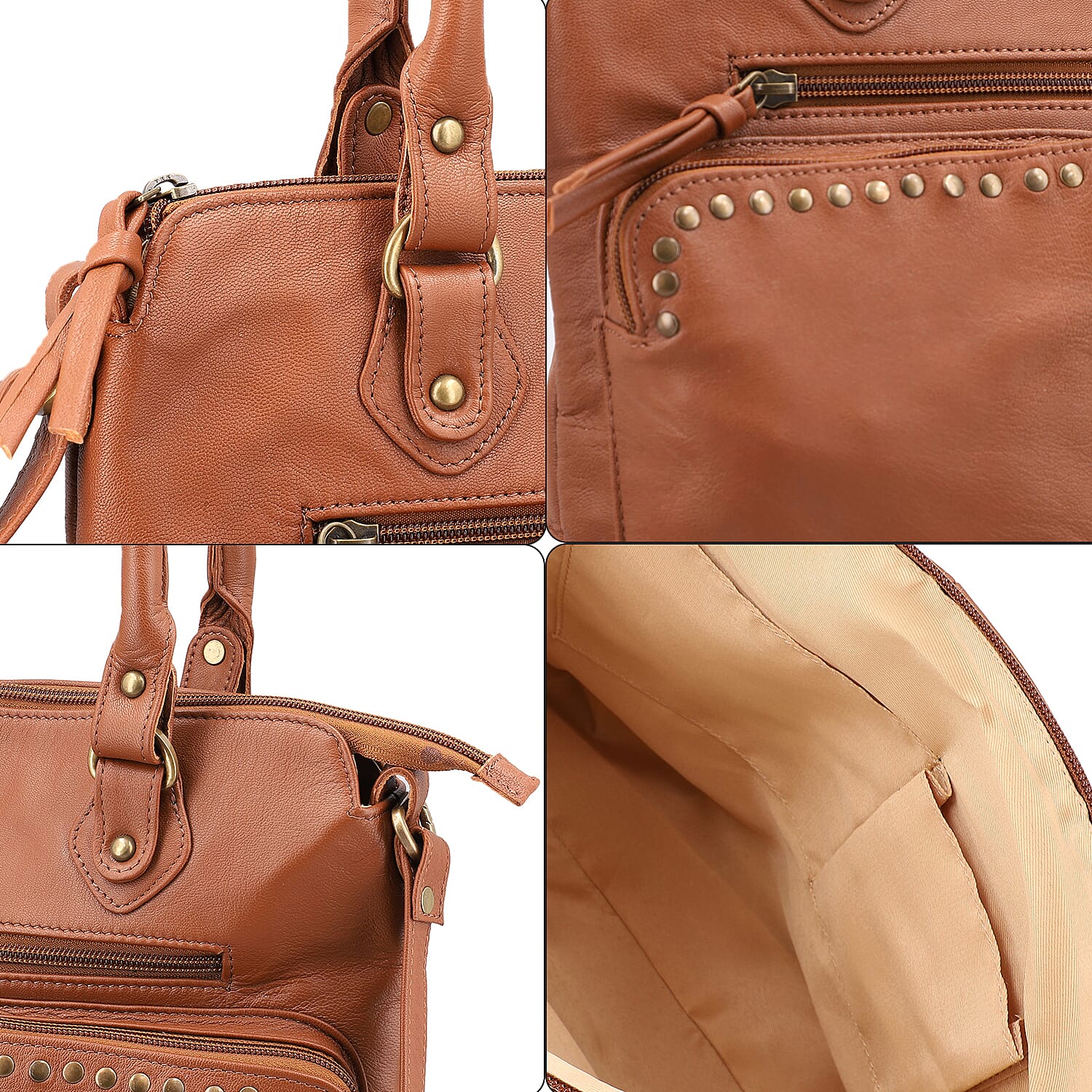 RFID Protected 100% Genuine Leather Shoulder Bag With Handle Drop - Tan