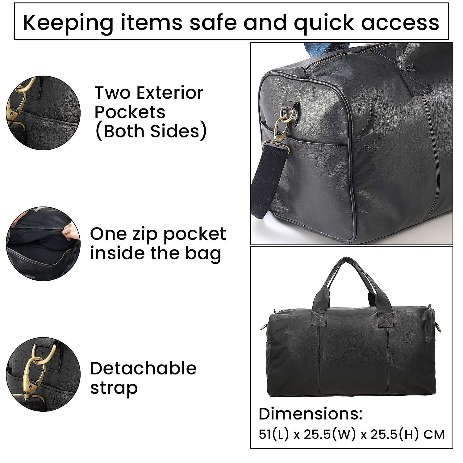Vicenza CloseOut - 100% Genuine Leather Luggage Duffle Bag - Black