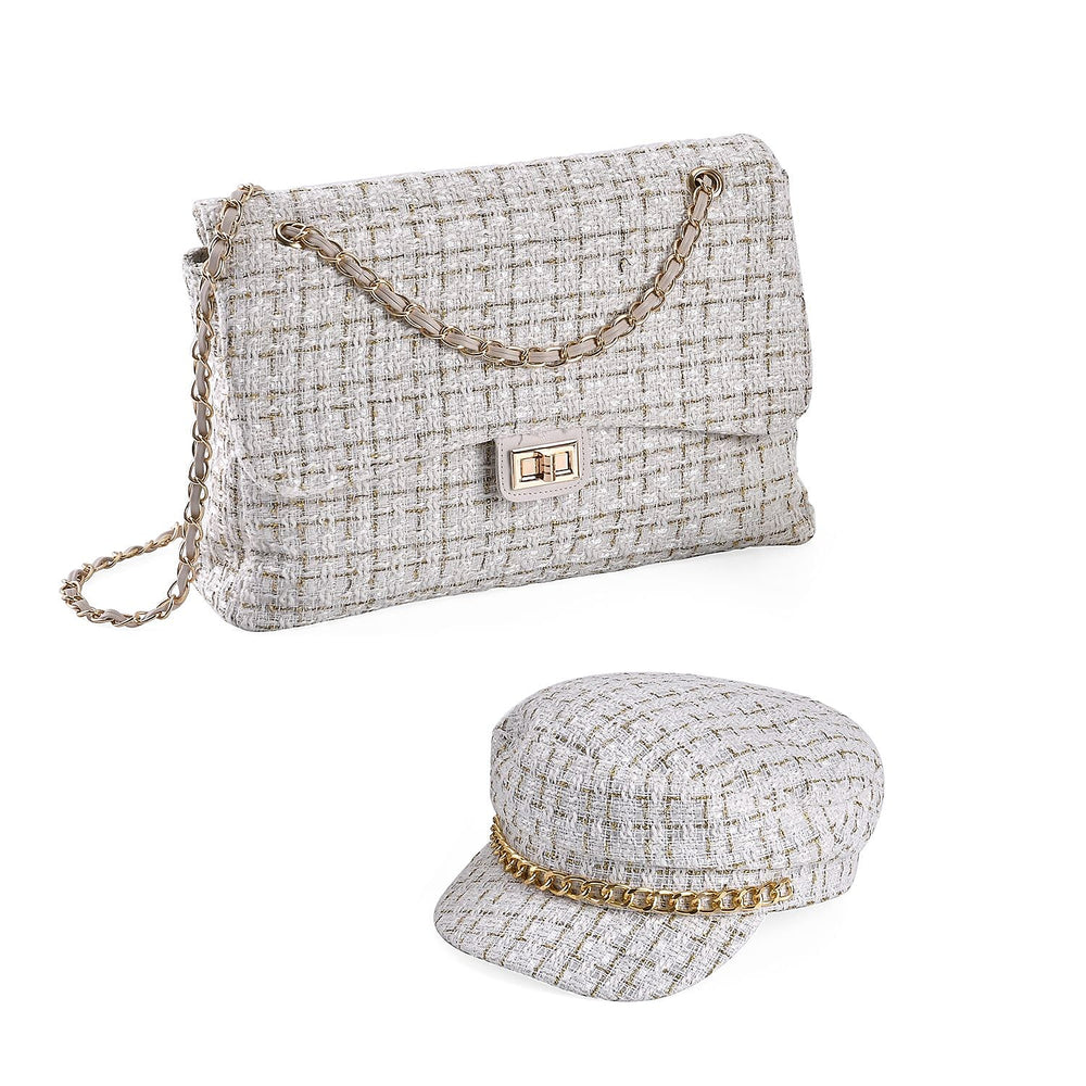 Closeout Deal- Combo Pack - Classic Checkered Pattern Shoulder Bag with Chain Strap - a Newsboy Cap - White - Black