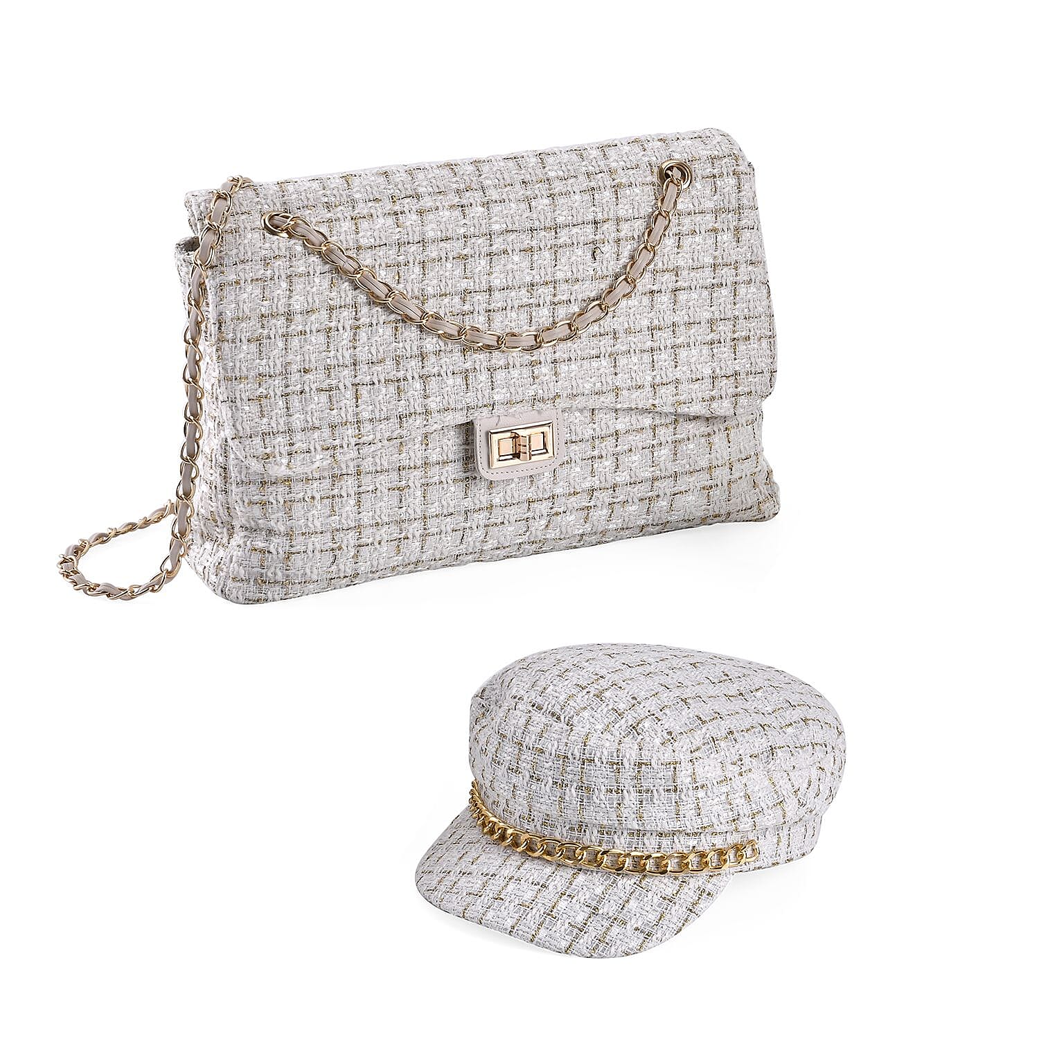 Closeout Deal- Combo Pack - Classic Checkered Pattern Shoulder Bag with Chain Strap - a Newsboy Cap - White - Black