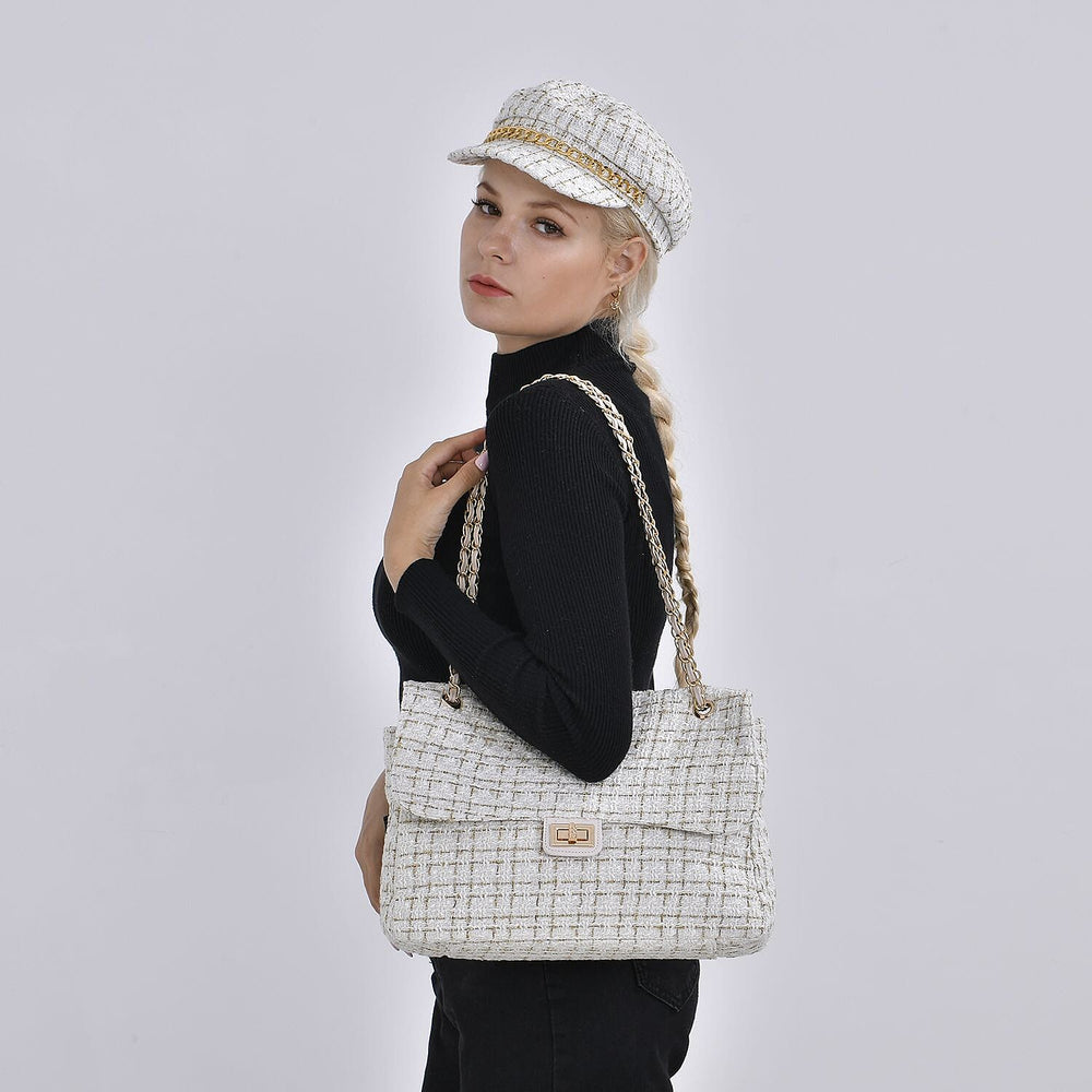 Closeout Deal- Combo Pack - Classic Checkered Pattern Shoulder Bag with Chain Strap - a Newsboy Cap - White - Black
