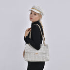 Closeout Deal- Combo Pack - Classic Checkered Pattern Shoulder Bag with Chain Strap - a Newsboy Cap - White - Black