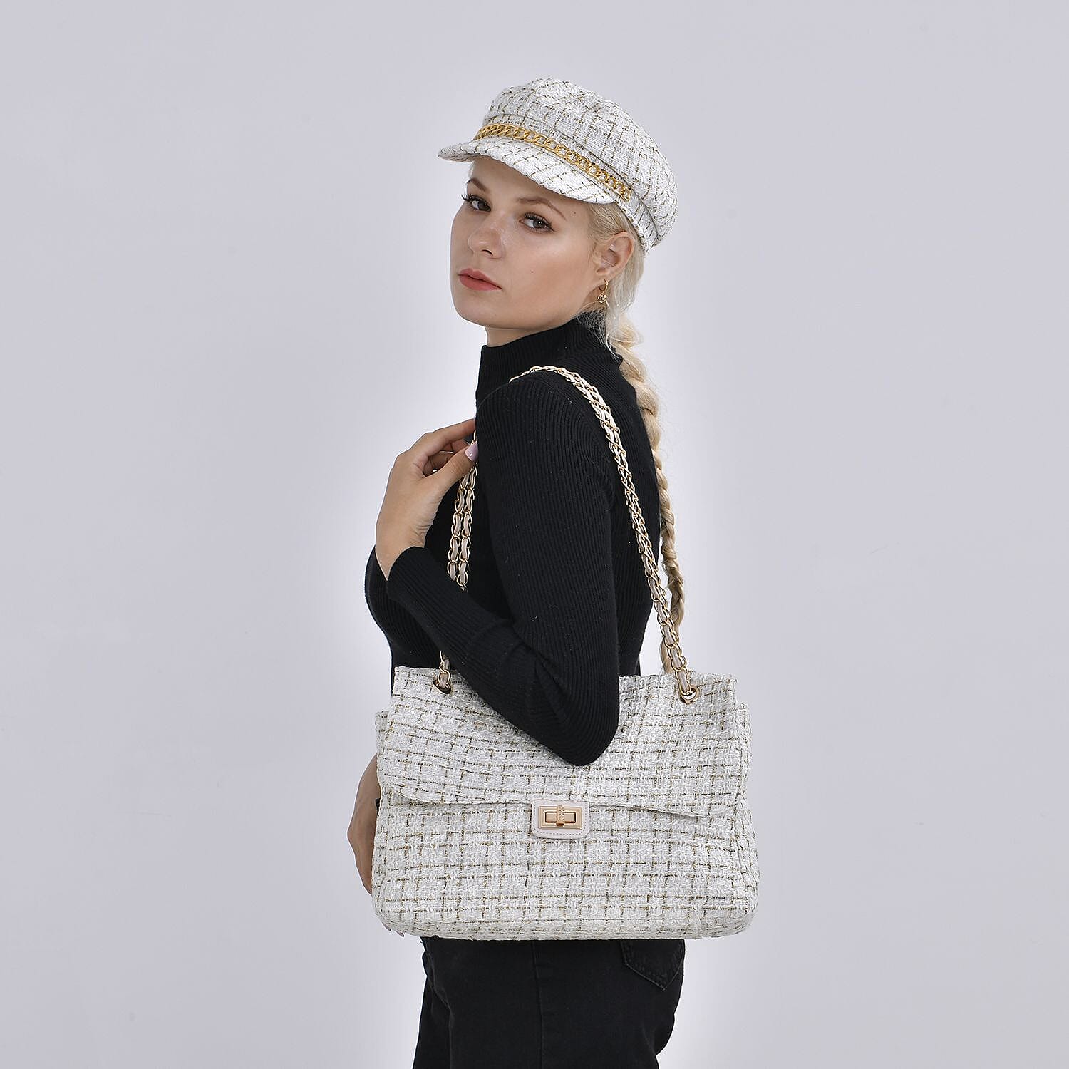 Closeout Deal- Combo Pack - Classic Checkered Pattern Shoulder Bag with Chain Strap - a Newsboy Cap - White - Black