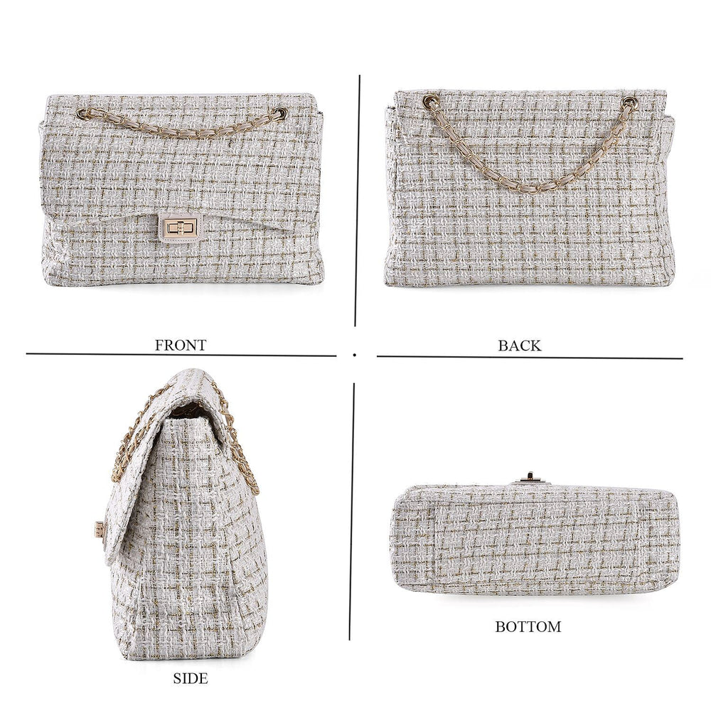 Closeout Deal- Combo Pack - Classic Checkered Pattern Shoulder Bag with Chain Strap - a Newsboy Cap - White - Black