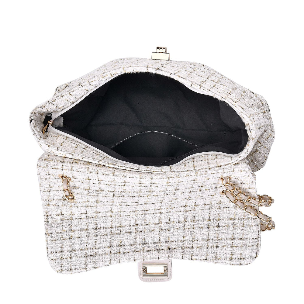 Closeout Deal- Combo Pack - Classic Checkered Pattern Shoulder Bag with Chain Strap - a Newsboy Cap - White - Black