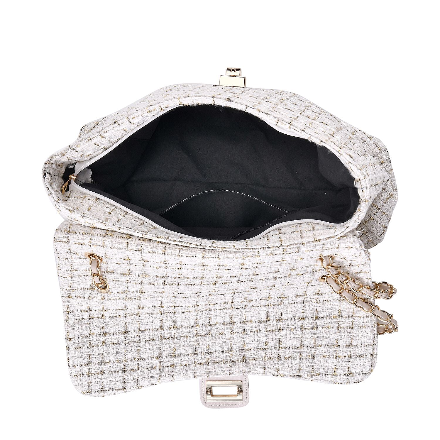 Closeout Deal- Combo Pack - Classic Checkered Pattern Shoulder Bag with Chain Strap - a Newsboy Cap - White - Black