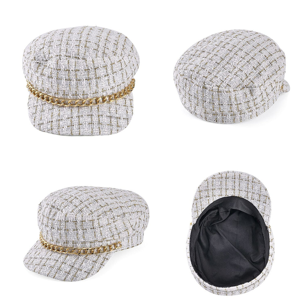 Closeout Deal- Combo Pack - Classic Checkered Pattern Shoulder Bag with Chain Strap - a Newsboy Cap - White - Black