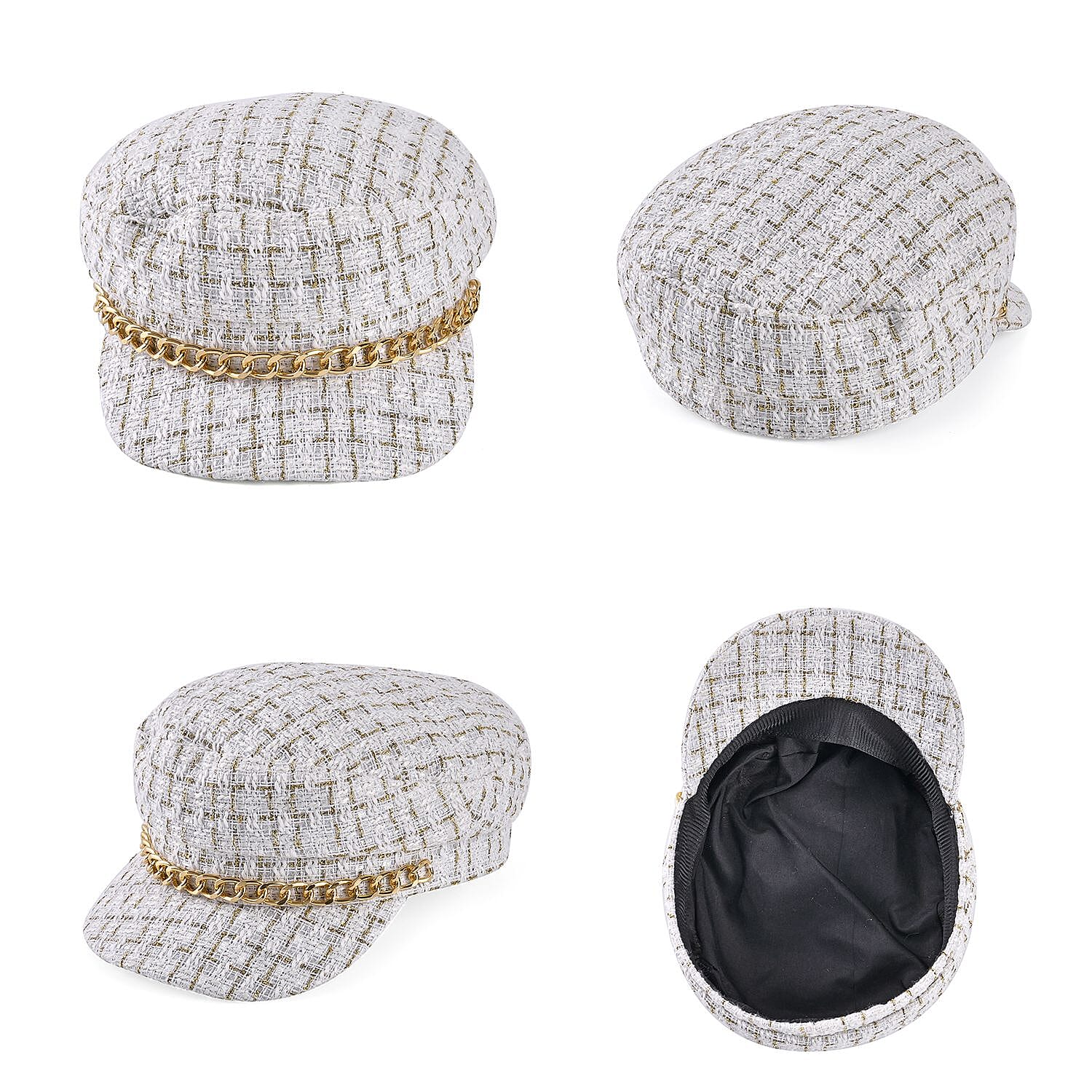 Closeout Deal- Combo Pack - Classic Checkered Pattern Shoulder Bag with Chain Strap - a Newsboy Cap - White - Black