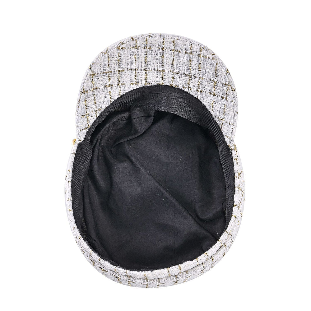 Closeout Deal- Combo Pack - Classic Checkered Pattern Shoulder Bag with Chain Strap - a Newsboy Cap - White - Black