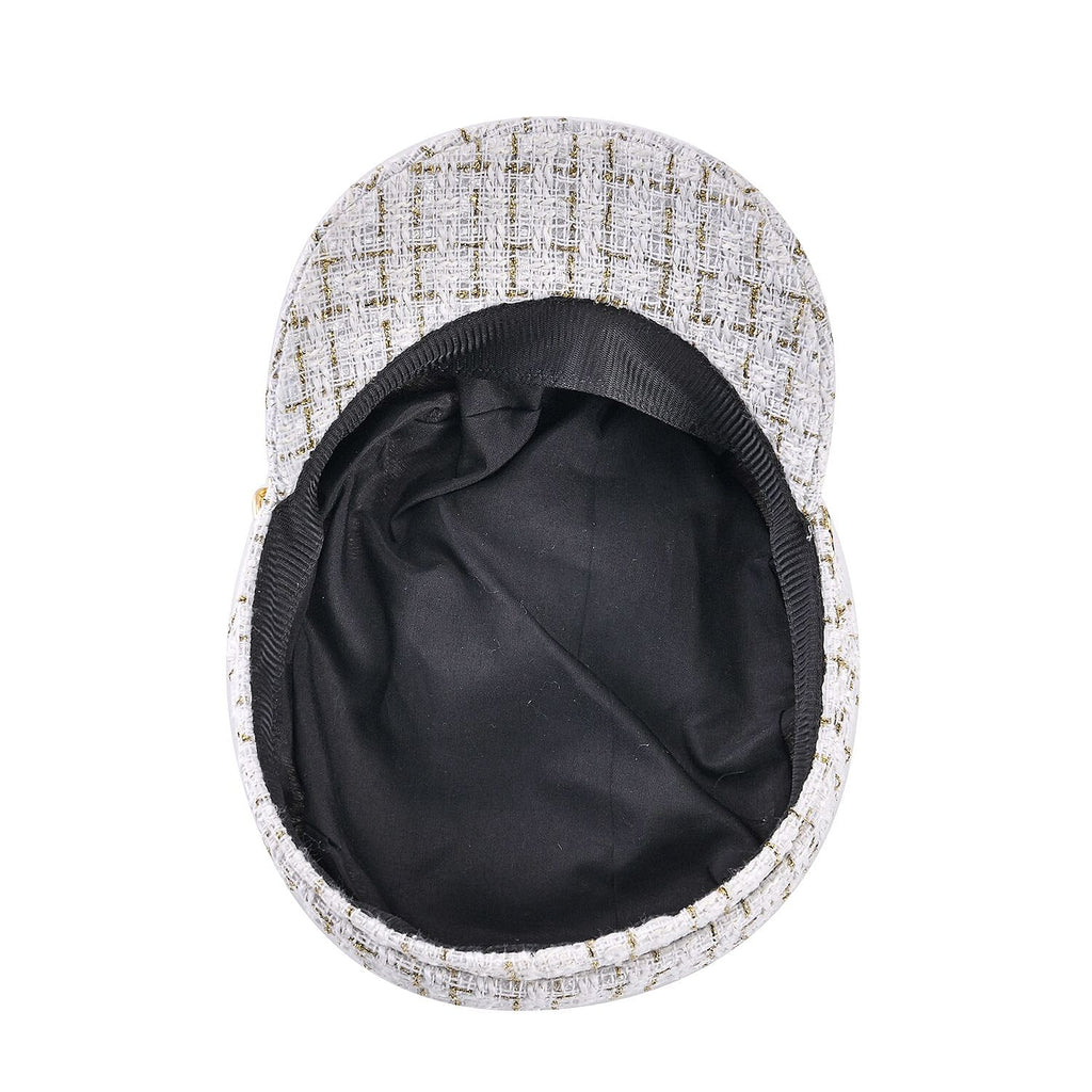 Closeout Deal- Combo Pack - Classic Checkered Pattern Shoulder Bag with Chain Strap - a Newsboy Cap - White - Black