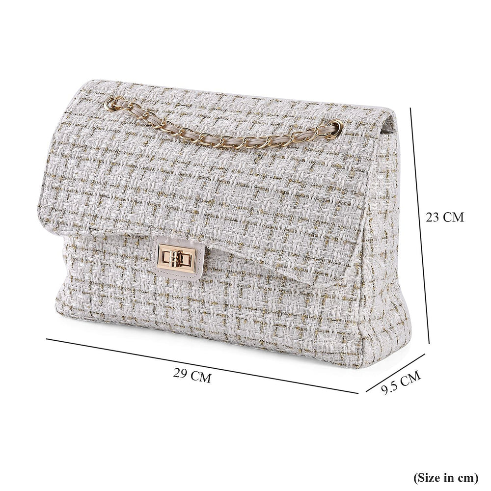 Closeout Deal- Combo Pack - Classic Checkered Pattern Shoulder Bag with Chain Strap - a Newsboy Cap - White - Black