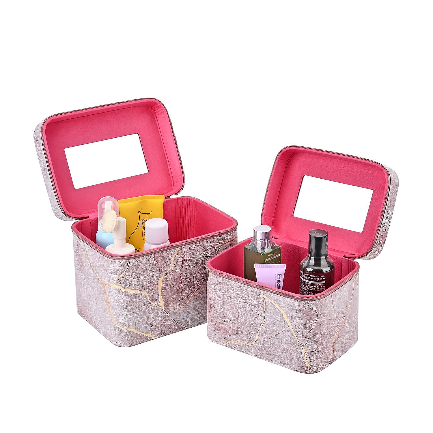 Set of 2 Marble Pattern Makeup Boxes (Size Large - Small) - Pink - Gold