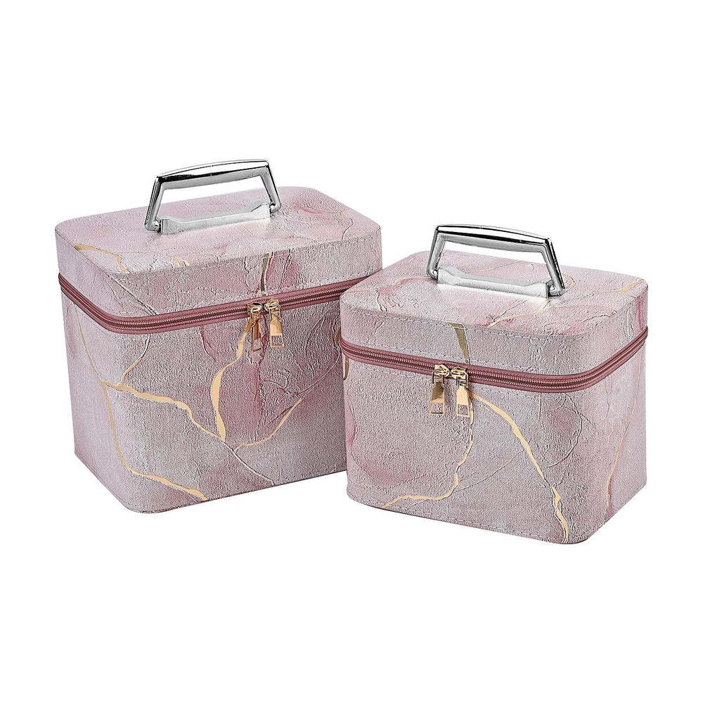 Set of 2 Marble Pattern Makeup Boxes (Size Large - Small) - Pink - Gold