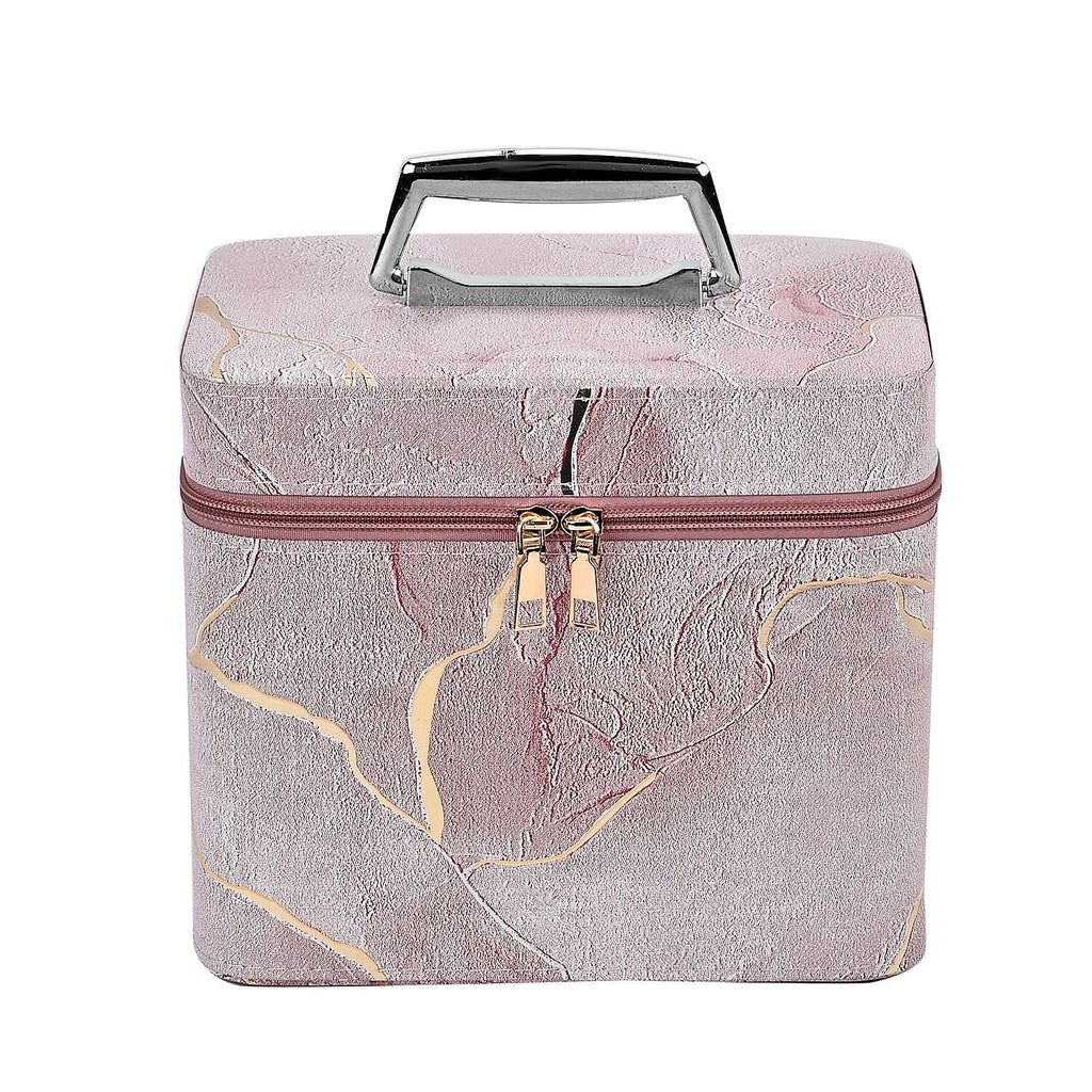 Set of 2 Marble Pattern Makeup Boxes (Size Large - Small) - Pink - Gold