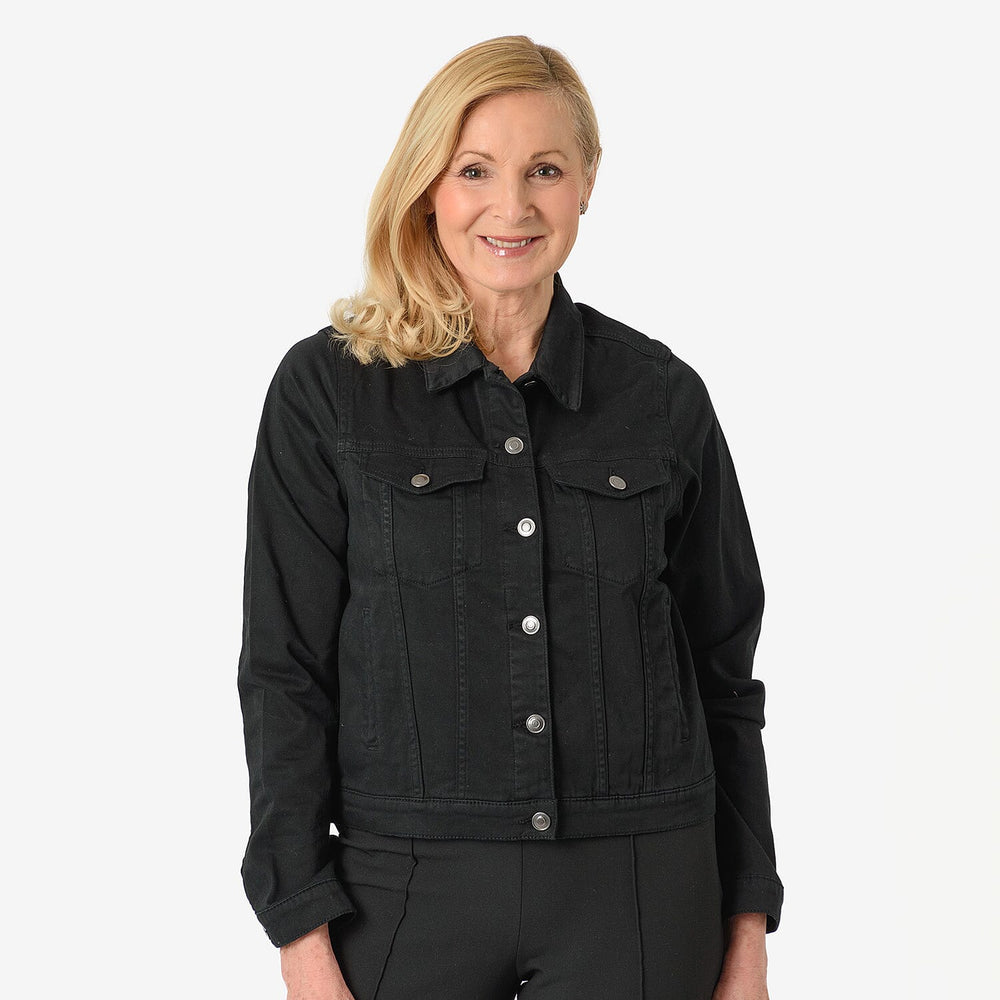 Tamsy Women Strech Cotton Twill Trucker Jacket (Size 24) - Black