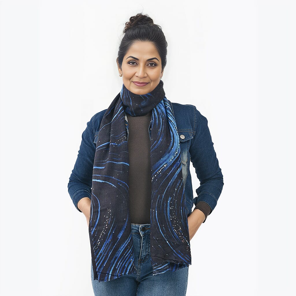 La Marey 100% Cashmere Printed Pashmina Woolen Scarf with Gift Box (Size 190x70cm) - Black & Blue