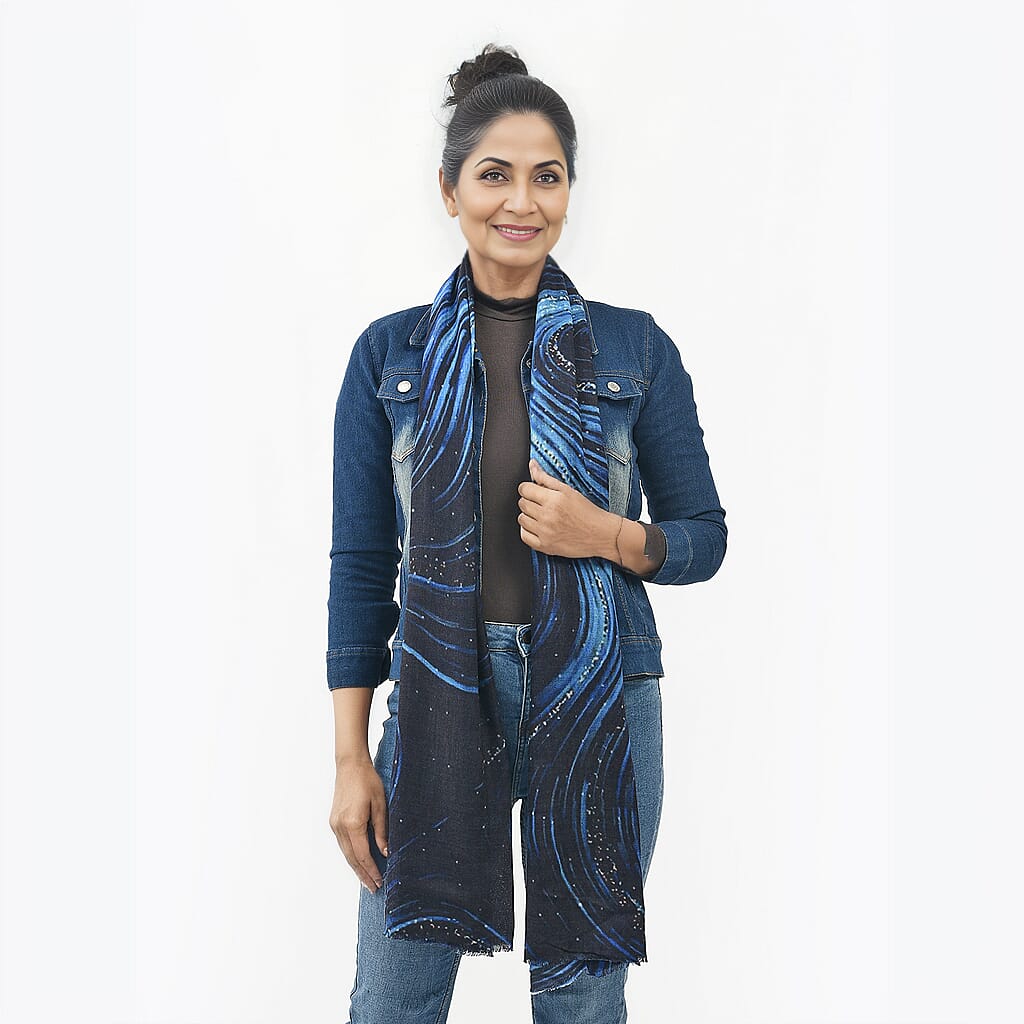 La Marey 100% Cashmere Printed Pashmina Woolen Scarf with Gift Box (Size 190x70cm) - Black & Blue