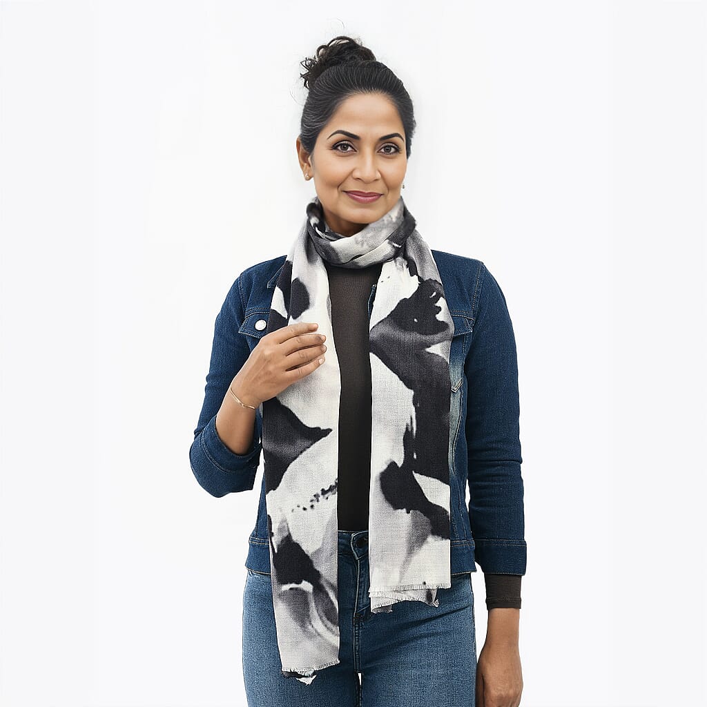 La Marey 100% Cashmere Printed Pashmina Woolen Scarf with Gift Box (Size 190x70cm) - Grey & Black