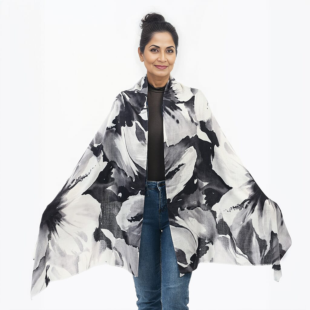 La Marey 100% Cashmere Printed Pashmina Woolen Scarf with Gift Box (Size 190x70cm) - Grey & Black