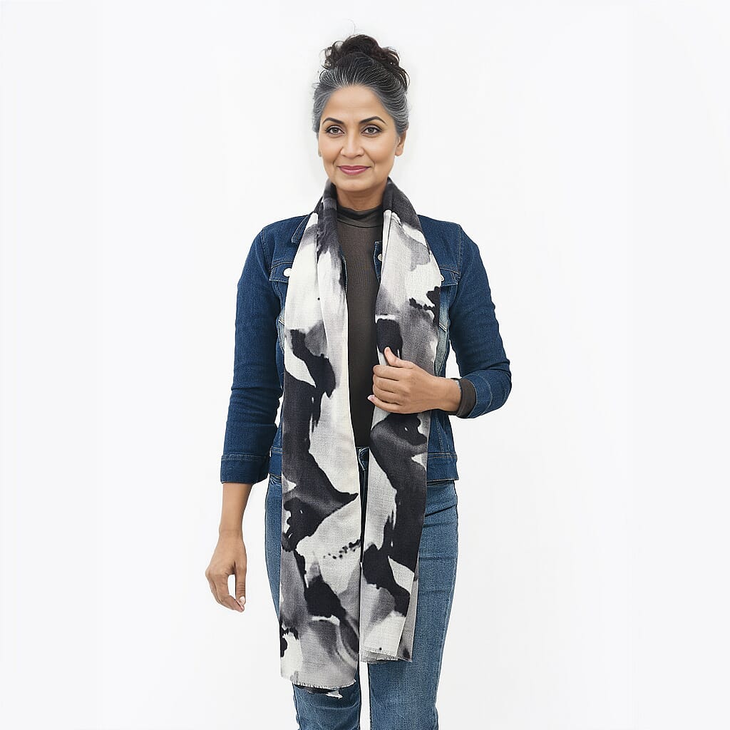 La Marey 100% Cashmere Printed Pashmina Woolen Scarf with Gift Box (Size 190x70cm) - Grey & Black