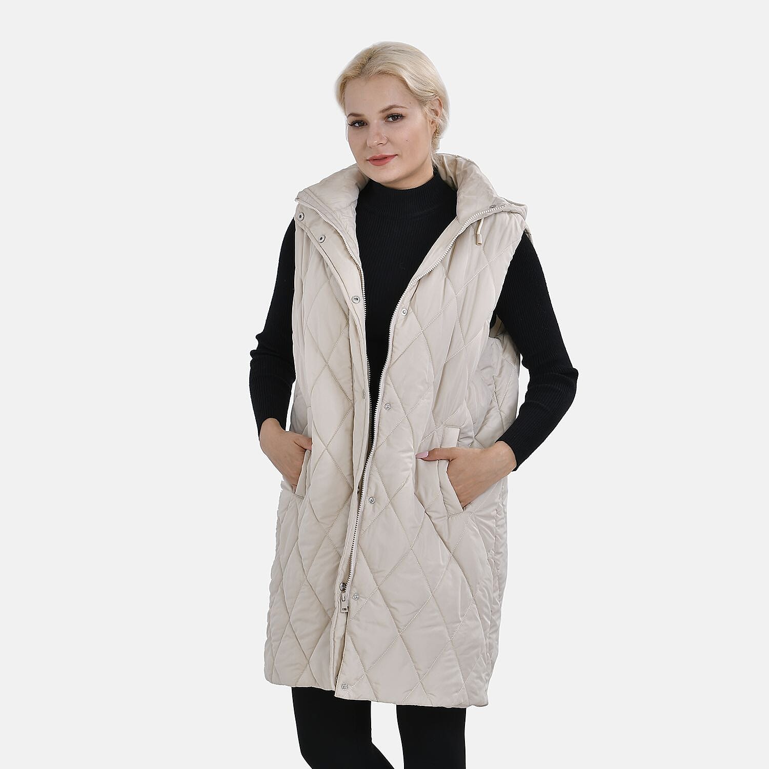 Tamsy Hoodie Puffer Gilet with 2 Side Pockets (Size S) - Beige