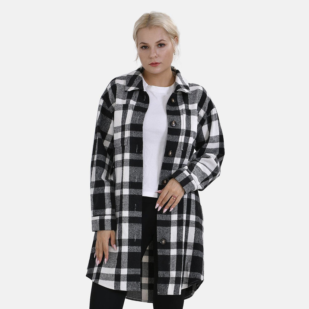 TAMSY Brushed Checked Long Length Shacket (Size XXL) - Black