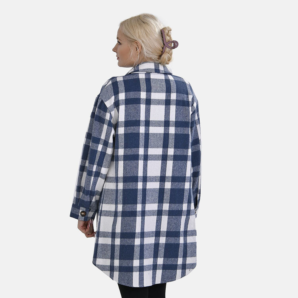TAMSY Brushed Checked Long Length Shacket (Size M) - Blue