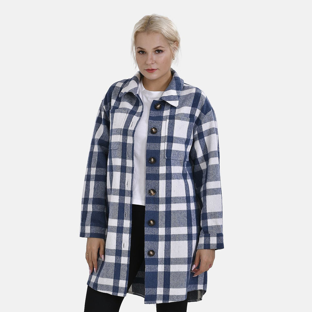 TAMSY Brushed Checked Long Length Shacket (Size M) - Blue