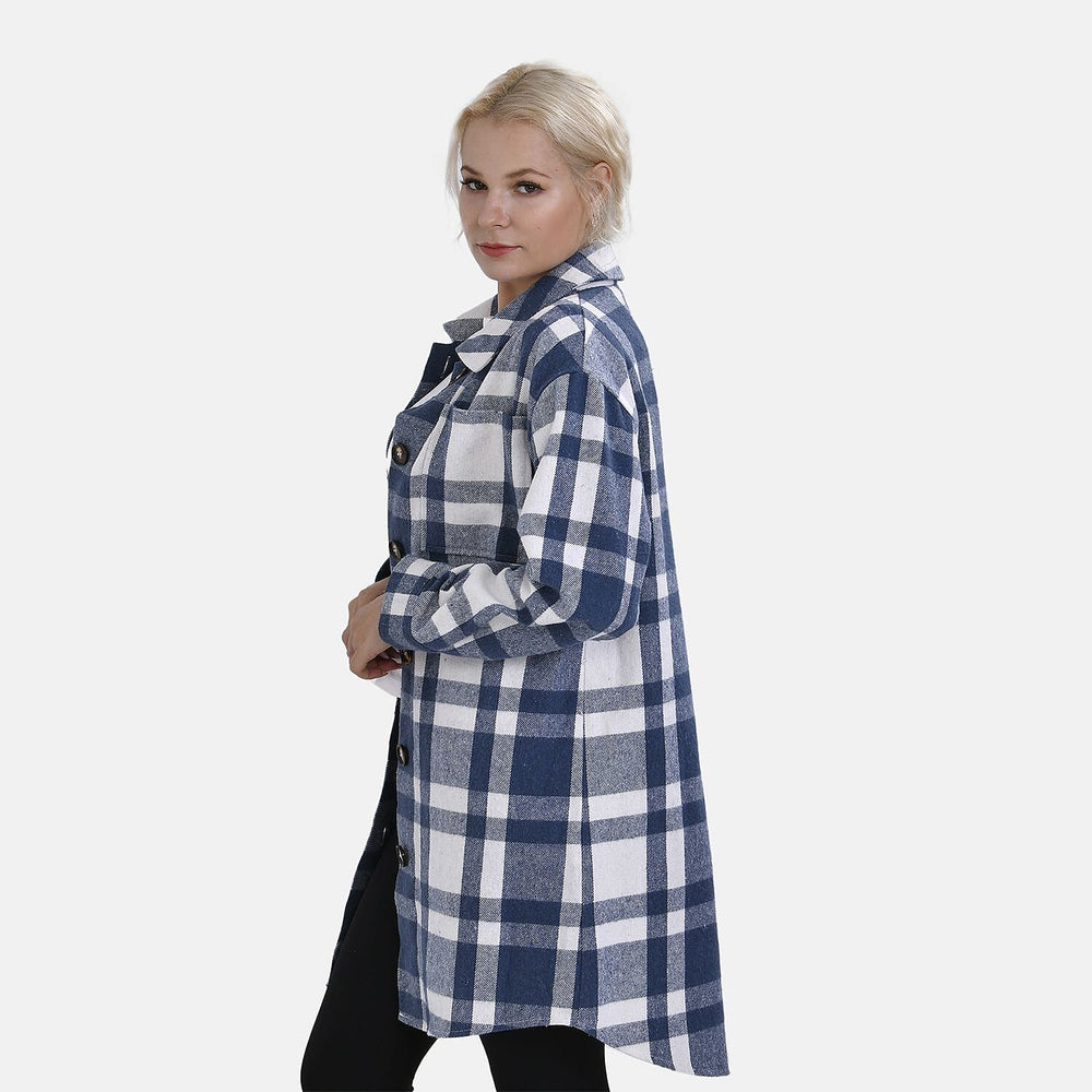 TAMSY Brushed Checked Long Length Shacket (Size M) - Blue