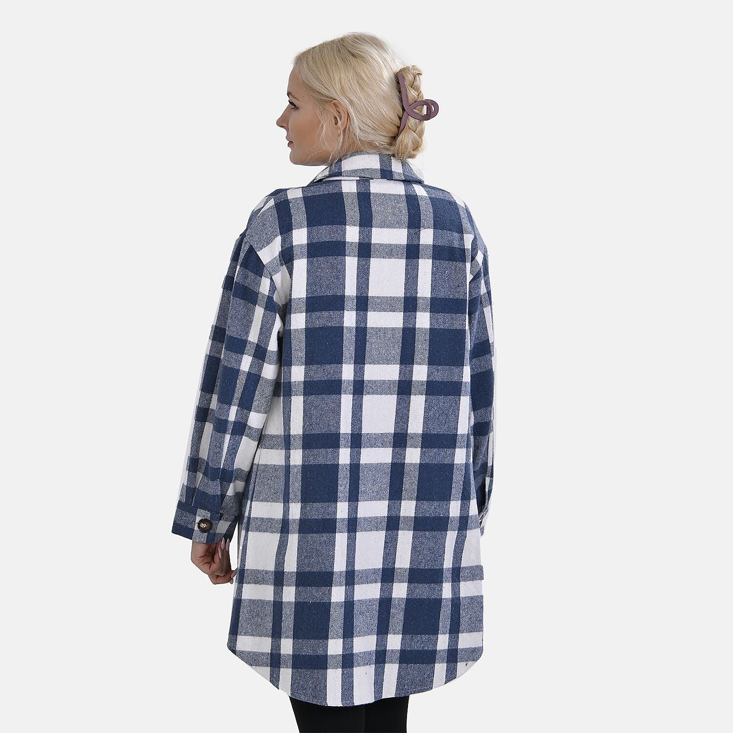 TAMSY Brushed Checked Long Length Shacket (Size L) - Blue
