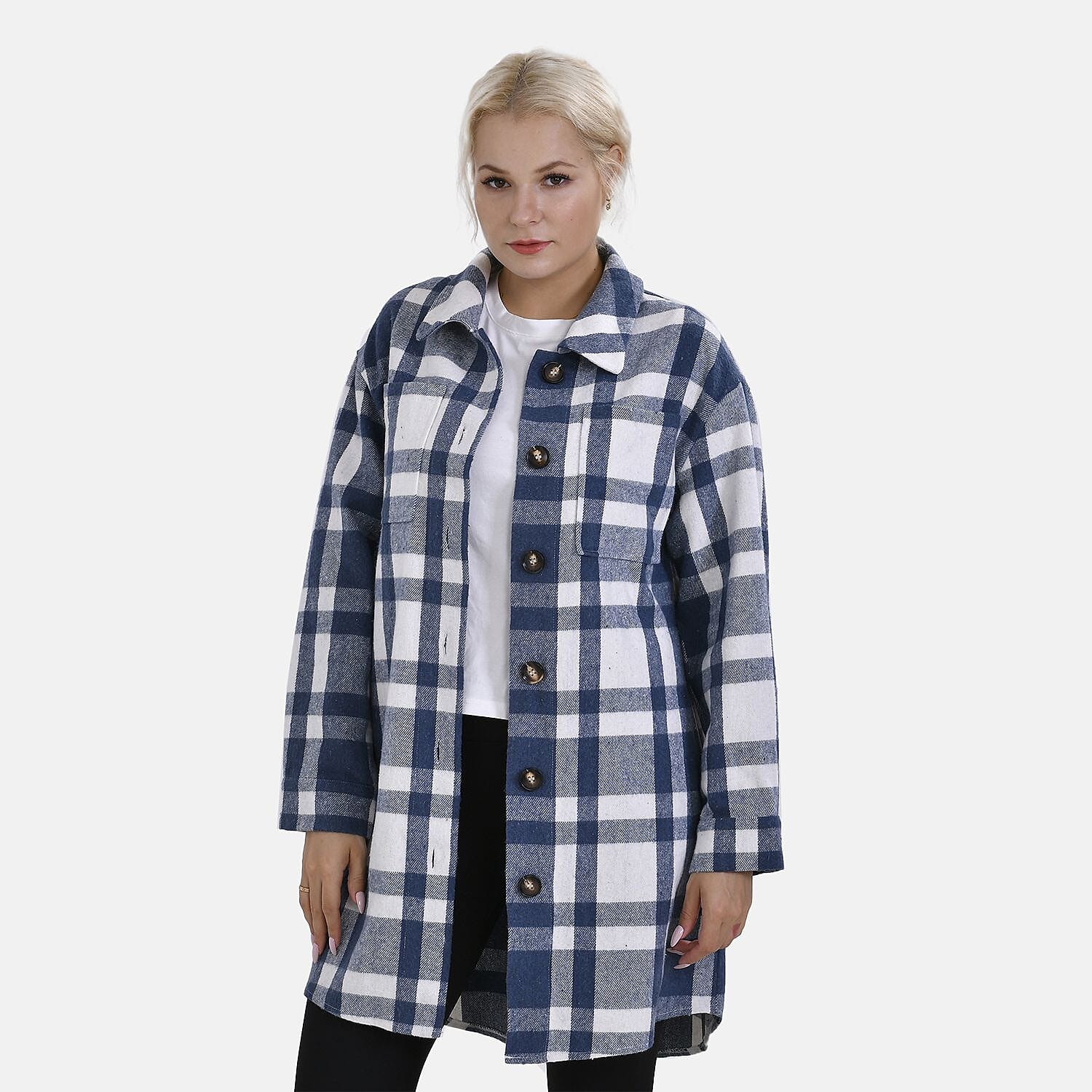 TAMSY Brushed Checked Long Length Shacket (Size L) - Blue
